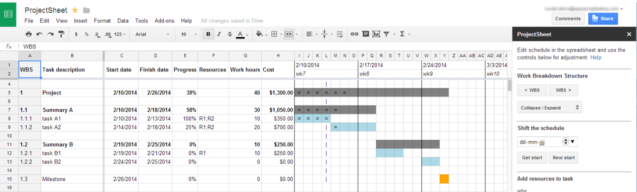 Project Work Breakdown Designed In Google Sheets