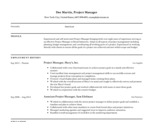 Resume.io project manager CV