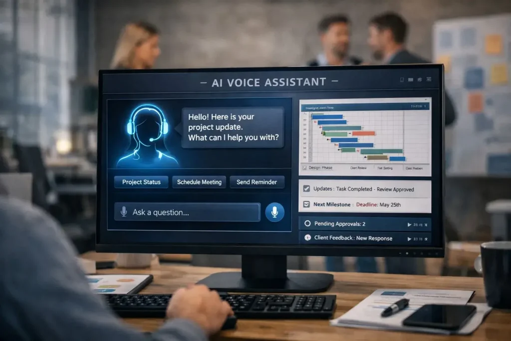 AI voice agent software interface on a computer screen used for project updates and client communication