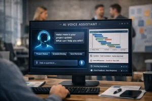 AI voice agent software interface on a computer screen used for project updates and client communication