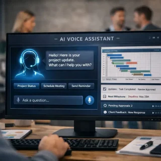 AI voice agent software interface on a computer screen used for project updates and client communication